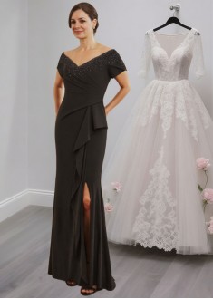 Black V-Neck Mother of the Bride Dress with Beads and Ruffle Split