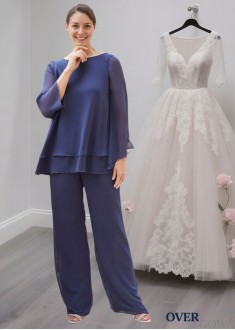 Asymmetric Long Sleeve Chiffon Mother of the Bride Pantsuit