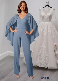 Blue Mother of the Bride Jumpsuit with Lace – Wedding Guest Pantsuit