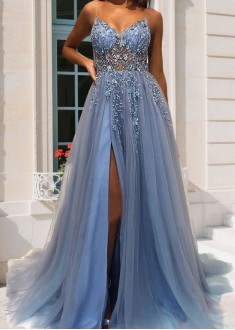 Spaghetti Straps Tulle Prom Dress with Split with Sequins for Women