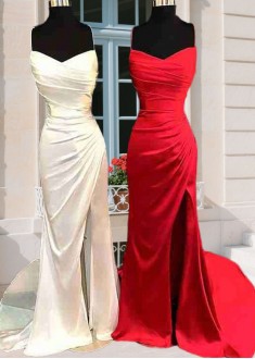 Satin V-Neck Prom Dress with Split – Elegant Column Sweep Train Gown USA