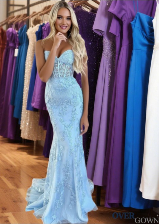 Sky Blue Strapless Mermaid Prom Dress with Corset Back and Beaded Appliques Sky Blue Strapless Mermaid Prom Dress with Corset Back and Beaded Appliques