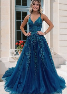 Elegant Long A-Line Evening Dress – Lace Backless Tulle Ball Gown for Women