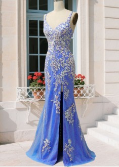 Beaded Mermaid Prom Dress with Side Slit – Lace Embroidered Evening Gown