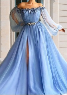 Long Sleeve Formal Evening Dress with Slit – Elegant A-Line Prom Gown