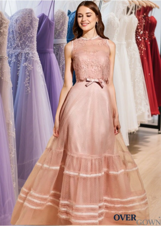 Pink Scoop Neck Tulle Lace Long Prom Dress with A-Line Silhouette Pink Scoop Neck Tulle Lace Long Prom Dress with A-Line Silhouette