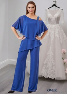 Royal Blue Chiffon Asymmetrical Neck Mother of the Bride and Groom Pantsuit