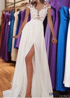 White Chiffon Scoop Neck A-Line Summer Beach Prom & Evening Dress