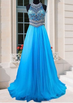 Affordable Jewel Neck Tulle Long Prom Evening Dresses with Beading US