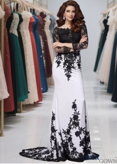 Sexy Scoop Neck Long Sleeve Chiffon Prom Evening Dress with Court Train