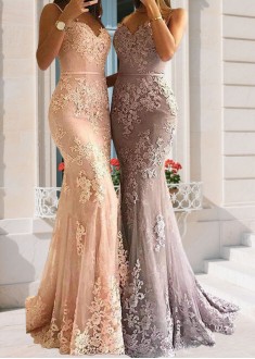 Tulle Long Prom Dress with Lace - Sweep Train Sheath Evening Gown for All Seasons