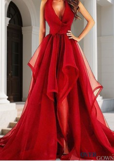 Long Prom Evening Dress – Organza A Line with Asymmetrical Hem