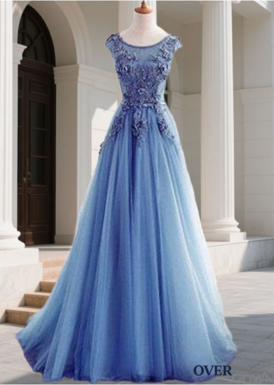 Long Prom Evening Dress – Tulle Jewel Neck Ball Gown with Applique Long Prom Evening Dress – Tulle Jewel Neck Ball Gown with Applique