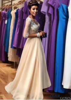 Champagne V-Neck Tulle Long Prom Evening Dress with Beading and Sleeves