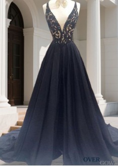 Long Prom Evening Dress – Taffeta V Neck A Line Gown with Beading