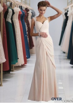 Elegant Chiffon Long Prom Evening Dress with Straps and Beaded Sheath Silhouette