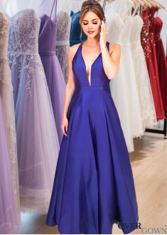 Satin V-Neck Long Evening Dress – A Line Floor Length Formal Gown