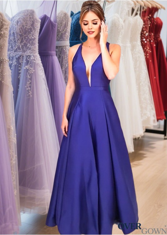 Satin V-Neck Long Evening Dress – A Line Floor Length Formal Gown Satin V-Neck Long Evening Dress – A Line Floor Length Formal Gown