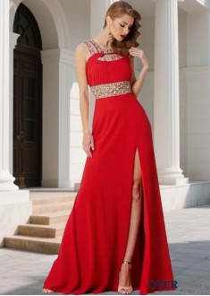 Prom Evening Dresses – Chiffon Scoop Neck A Line Gown with Beading 