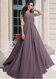 Long Prom Dress with Beading - Short Sleeve Evening Gown for All Seasons
