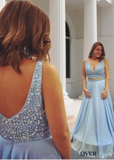 Plus Size Prom Evening Dress – Chiffon V-neck A line Gowns with Beading