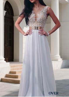 Long Prom Evening Dresses – V-Neck Chiffon Gowns with Beading