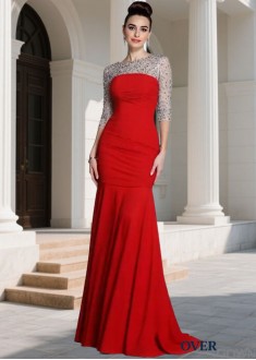 Mermaid Prom Evening Dress – Scoop Neck Gowns with Beading & 3/4 Sleeves