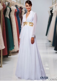 V-Neck Chiffon Prom Evening Dress Floor Length With Long Sleeves V-Neck Chiffon Prom Evening Dress Floor Length With Long Sleeves