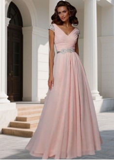 V-Neck Prom Evening Dress – Ruffle A Line Gown with Cap Sleeves