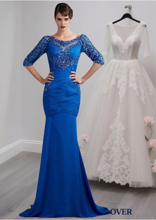 Chiffon Half Sleeves Trumpet Mother of the Bride Dress with Sweep Train Chiffon Half Sleeves Trumpet Mother of the Bride Dress with Sweep Train