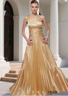 Prom Evening Dress – One Shoulder Satin A Line Gown with Flowers