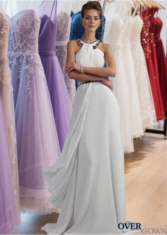 High Neck Long Prom Dresses – Sleeveless Beaded A Line Evening Gown with Train High Neck Long Prom Dresses – Sleeveless Beaded A Line Evening Gown with Train