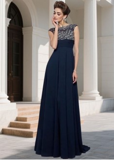 Prom Evening Dress – Scoop Neck Beaded Short Sleeve Floor Length Gown