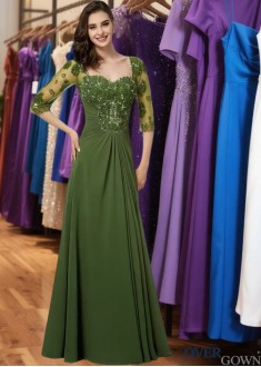 Sweetheart Neckline Long Evening Dress with Beading and 3/4 Sleeves
