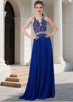 Women Prom Evening Dress – Sheer Neck A Line Gown with Appliques