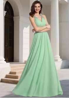 Shop Best Long Prom Dresses – V Neck Beaded Floor Length Gown