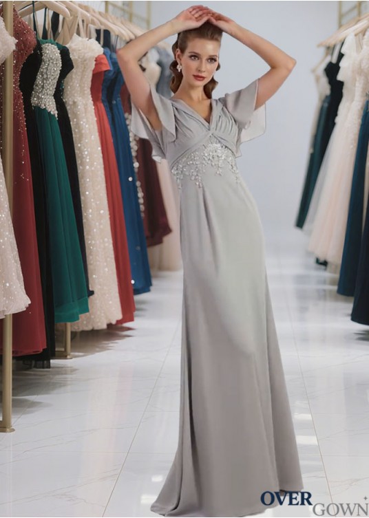 Beaded V-Neck Chiffon Sheath Long Prom Evening Dress with Short Sleeves Beaded V-Neck Chiffon Sheath Long Prom Evening Dress with Short Sleeves