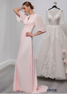 High Neck Chiffon Mother of the Bride Dress with 1/2 Sleeves and Beading