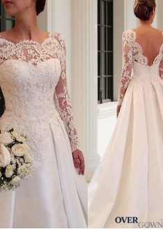 Lace Embellished Wedding Dress – Long Sleeves Ball Gown with Court Train