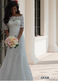 Off-The-Shoulder Lace Mermaid Wedding Dress with 1/2 Sleeves Bridal Gown