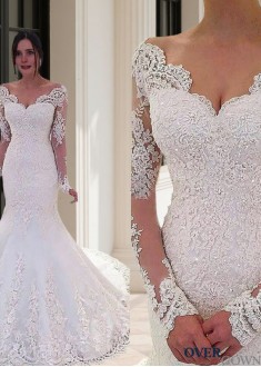 Lace Embellished Mermaid Bridal Gown V-Neck Court Train