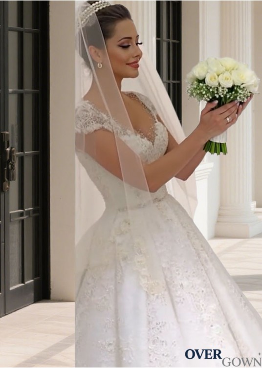 Beaded V-Neck Tulle Ball Gown Wedding Dress with Floor-Length Train Beaded V-Neck Tulle Ball Gown Wedding Dress with Floor-Length Train