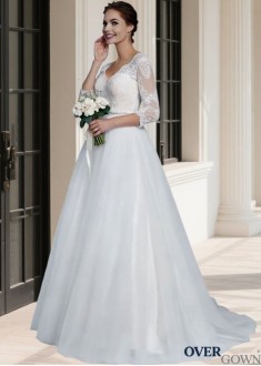 3/4 Sleeve Lace Embellished Princess Bridal Gown Tulle