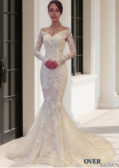 Long Sleeve Mermaid Lace Bridal Gown Sweep Train