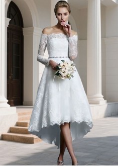 A-Line Off Shoulder Lace Wedding Gown Asymmetrical Hem