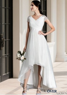 Short Sleeves Asymmetrical Tulle Wedding Dress with V Neck