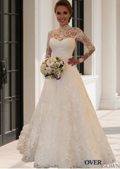 Long Sleeve Lace Ball Gown - High Neck Court Train Wedding Dress