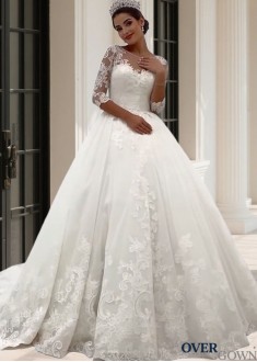 Tulle Ball Gown Wedding Dress – 3/4 Sleeves & Court Train Bridal Gown