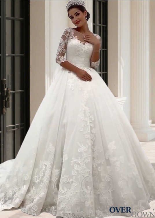 Tulle Ball Gown Wedding Dress – 3/4 Sleeves & Court Train Bridal Gown Tulle Ball Gown Wedding Dress – 3/4 Sleeves & Court Train Bridal Gown