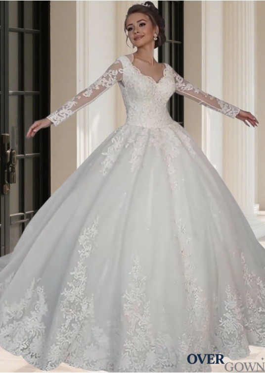 V Neck Long Sleeve Tulle Ball Gown Wedding Dresses with Lace Appliques V Neck Long Sleeve Tulle Ball Gown Wedding Dresses with Lace Appliques